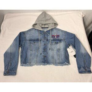 Erin Andrews Super Bowl LVIII Womens Denim Jacket Hoodie Cropped XL NWT